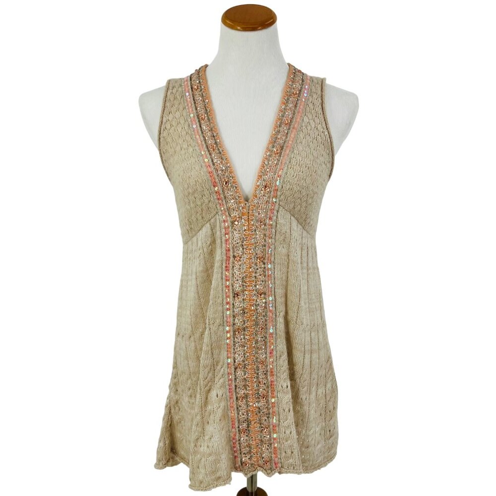 RARE Vintage Free People Beige Embellished Sequin Trim & Keyhole Back Boho Knit - Picture 13 of 15